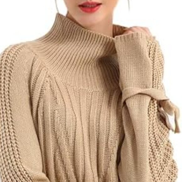 NWOT Bodilove Khaki Tan Cotton Blend Modern Cable Knit Tie Bow Sleeve Sweater - Picture 6 of 16